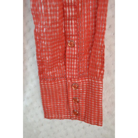 Ariat Women's Medium Red Gold Plaid Sheer Snap Button Down Long Sleeve Shirt - Picture 2 of 14